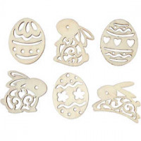 Wooden decorations, H: 40 mm, thickness 3 mm, 24 pcs [HOB-56231]