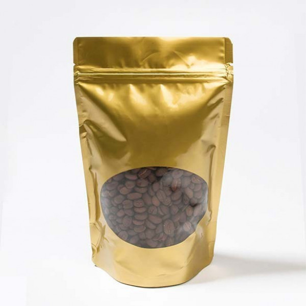 Gold pouch bag with oval window